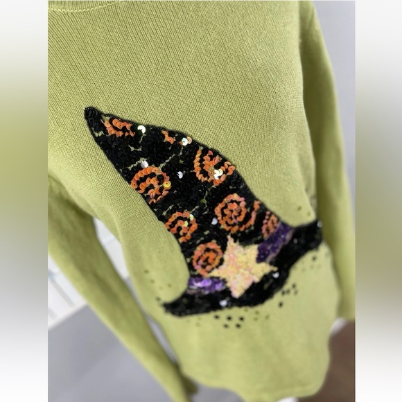 Peek A Boo Halloween Sequin Witches Hat Lime Green Pullover Sweater Women’s S - Picture 7 of 16